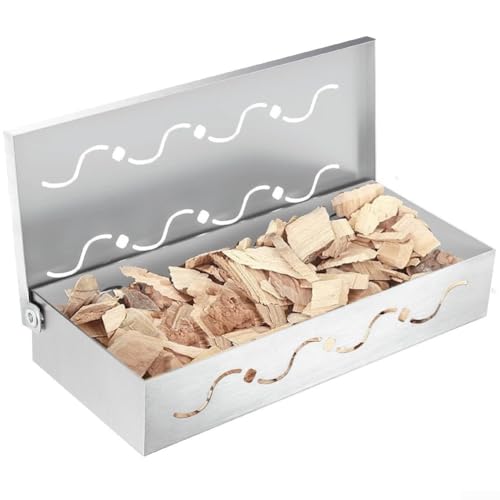 Snowchecking Caja de ahumadores para parrilla de barbacoa, astillas de madera, accesorios de parrilla de ahumadores de barbacoa de 12 pulgadas con tapa con bisagras para parrillas de carbón de gas