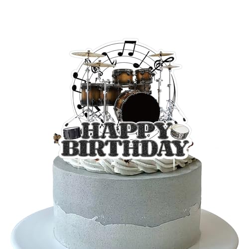 Okayski Drum kit Happy Birthday Cake Topper Black Glitter Musical Music Notes Cake Decorations for Drummer Musician Themed Decoration for Baby Kids Drum kit Theme Birthday Party Supplies