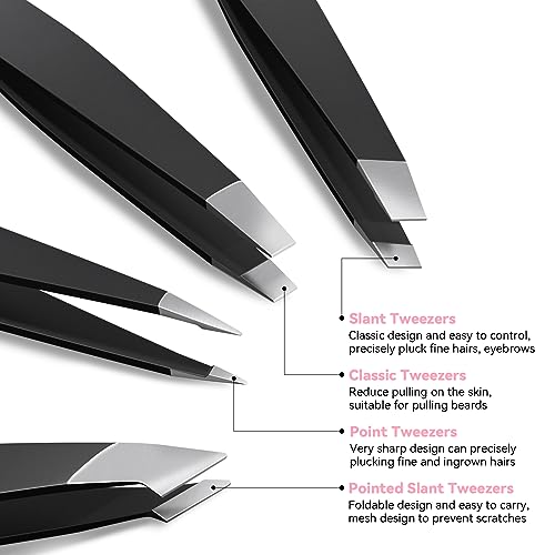 FACEMADE 4 Pack Tweezers Set - Professional Stainless Steel Tweezers for Men and Women, Precision Eyebrow Tweezers for Facial Hair, Chin, and Ingrown Hair Removal (Black)