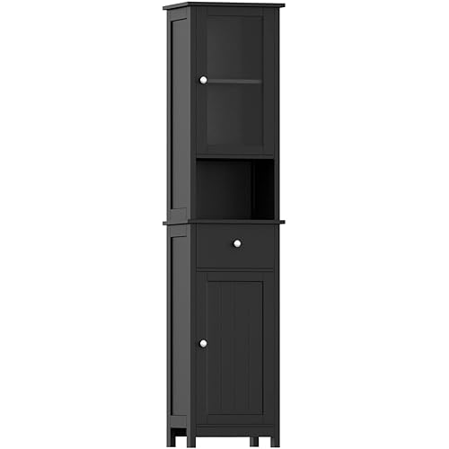 Rovaurx Tall Bathroom Floor Cabinet with Glass Doors, Narrow FreeStanding Storage Cabinet with Adjustable Shelf, Wooden Bathroom Storage Cabinet, Pantry with Drawer, Black BMGZ105B