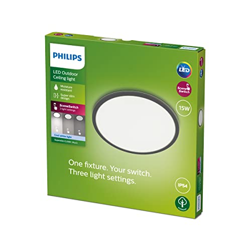 Philips LED SuperSlim Outdoor Ceiling Light 15W [Cool White - Black] Water Resistant IP54, For Garden, Patio and Terrace Lighting.