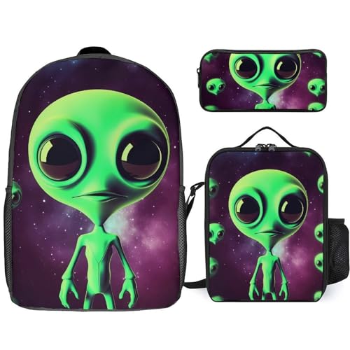 3 Piece Backpack for Women Men Lightweight Causal Daypack Shoulder Bag Set with Insulated Lunch Bag And Pencil Case Organizers Green Alien