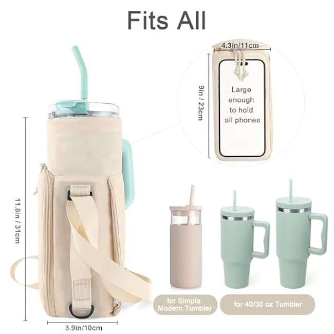 CONTAIL 2 in 1 Water Bottle Carrier Bag for 30/40 oz Tumbler with Handle/no Handle,Bottle Pouch Holder with Adjustable Shoulder Strap,Multifunction Accessories Pocket&Carabiner