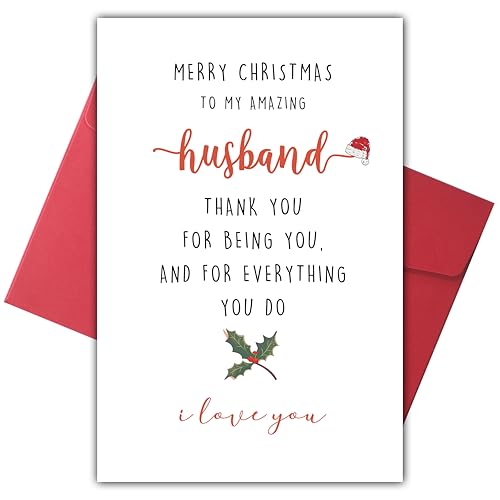 Bewoow Sweet Christmas Card for Husband, Amazing Husband Poem Christmas Card, Romantic Christmas Thank You Card for Men Him, Fun Love Holiday Xmas Card, Merry Christmas To My Amazing Husband