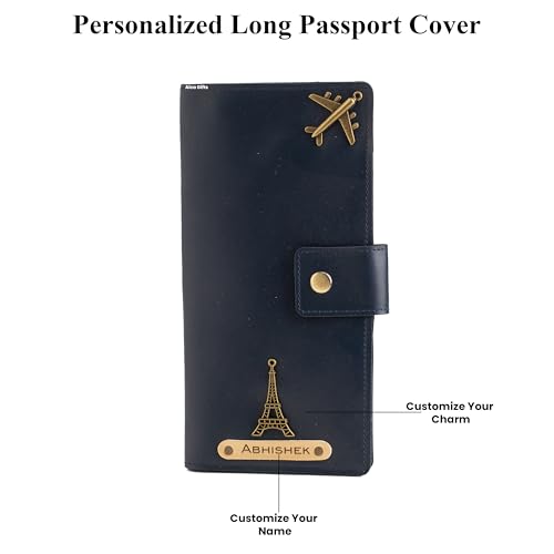 Image of AICA Personalized Name & Charm Long Leather Wallet Passport Cover (Navy Blue) with Boarding Pass Holder Currency Card Slot & Coin Holder for Men & Women | Travel Gifts for Men Boys Husband Dad Bro