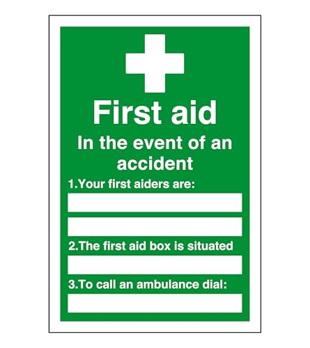 First aid in the event of an accident - white box - safety sign - High tack self-adhesive sticker (300mm x 200mm) Viewing Distance within 7m.