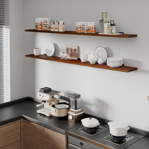 Image of 72 Inch Long Floating Shelf for Wall, 2 Tier Solid Wood Floating Book Shelf,Walnut Large Wall Shelf with Heavy Duty Brackets,Floating Bookshelf for Living Room
