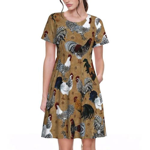 Robe d'été trapèze imprimé coq poulet col rond vêtement coton léger femme