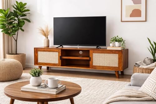 Image of THE KASHTH Premium Solid Wood, 10 Minutes Assembly (Legs Only), Aesthetic Rattan Doors, Mid Century Entertainment Center for Living Room, TV Stand for 65 inch TV, Dark Chocolate (Honey L-014)