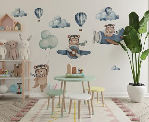 Large Bear & Airplanes Wall Stickers for Kids Bedroom - Bear Hot Air Balloon Wall Decals - Baby Nursery Wall Decals - Plane Wall Sticker for Baby Nursery Playroom Bedroom Girls Boy Room Wall Decor - Image 6
