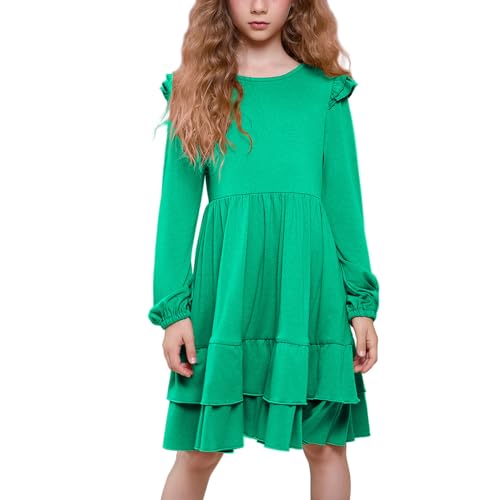 QPANCY Girls Long Sleeve Dresses Casual Round Neck Midi Double Layered Ruffled Hem Dress