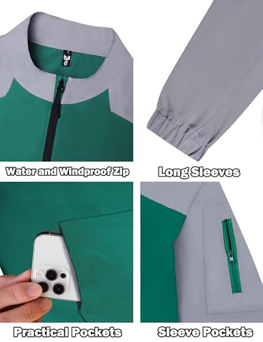 KGGEOO Wind and Water Resistant Cage Jacket Long Sleeve Golf Jacket Quarter Zip Pullover with Sleeve Pocket for Workout Green