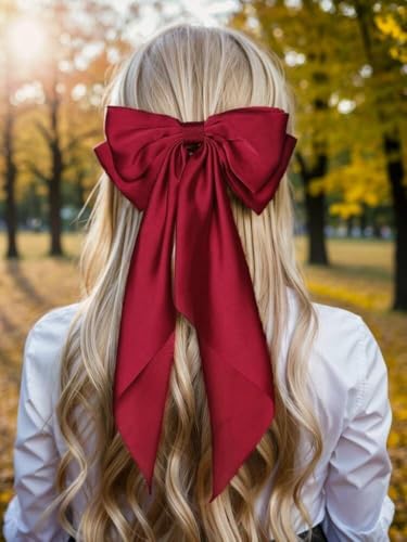 Big Bow Barrettes Hairclips for Women - Burgundy Satin