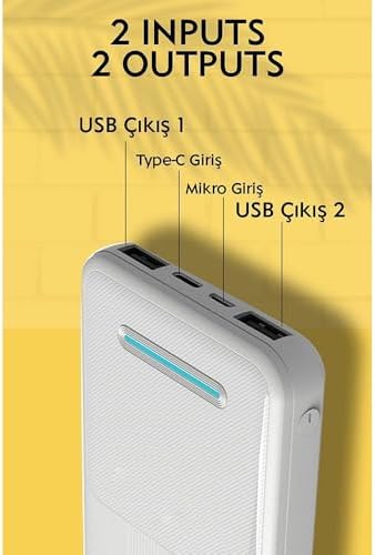 Resim Taşınabilir Şarj Cihazı, 10000 mAh Powerbank, 2 USB Çıkışlı, 2.4A, LED Göstergeli 