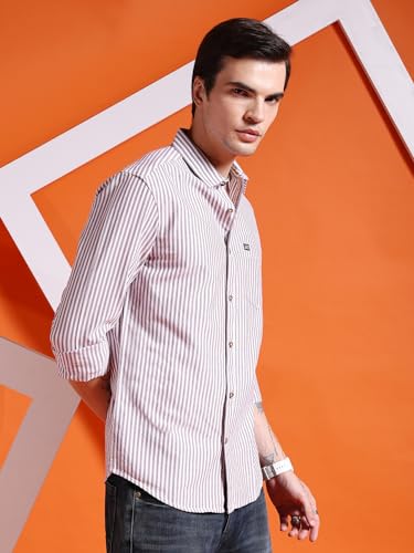 Image of The Indian Garage Co Men Slim Fit Striped Full Sleeves Cutaway Collar Casual Shirt