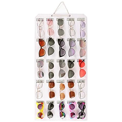 ESINGMILL Eyeglass Sunglasses Organizer Hanging Wall - Glasses Holder Storage Display Pocket Mount Hanger on Wall or Door, 9/15/25 Slots Cover