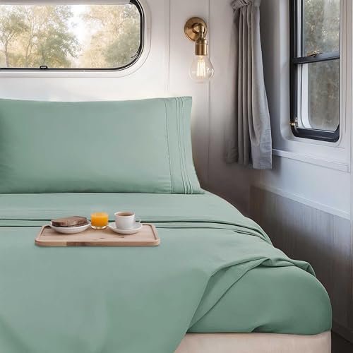 Image of Nestl Sage Green Short Queen Sheets for RV, Hotel Luxury RV Queen Sheets Set, 4 Piece Fitted Bed Sheet Set and Pillowcases, Super Soft, Wrinkle-Free, and Breathable Camper Bedding
