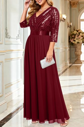 Image of Talisea Womens Plus Size Formal Dresses - V Neck 3 /4 Sleeve Sequin Prom Evening Gowns Long Maxi Dress