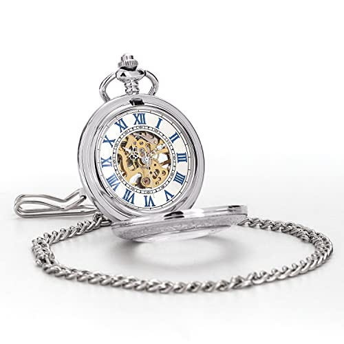 Image of ManChDa Pocket Watch Retro Smooth Classic Mechanical Hand-Wind Pocket Watch Steampunk Roman Numerals Fob Watch for Men Women with Chain + Box
