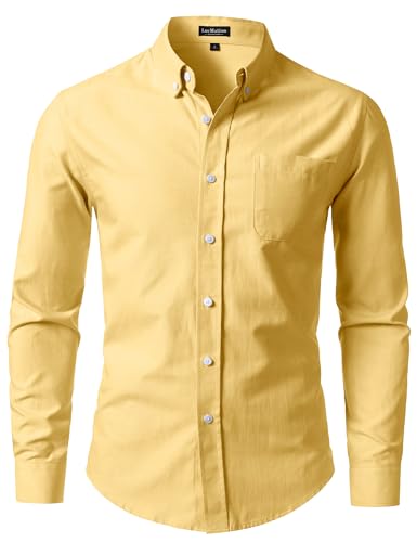 LucMatton Mens Lightweight Oxford Long-Sleeve Button-Down Shirt Business Casual Slim-fit Dress Shirts with Pocket Light Yellow Large