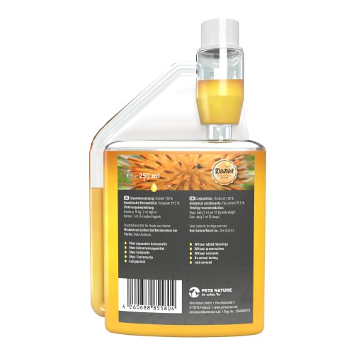 Pets Nature Distelöl für Hund und Katze - reines Premium Distelöl reich an Omega-6-Fettsäure Linolsäure - 100% natürlich, schonend kaltgepresst, Made in Germany (250 ml)