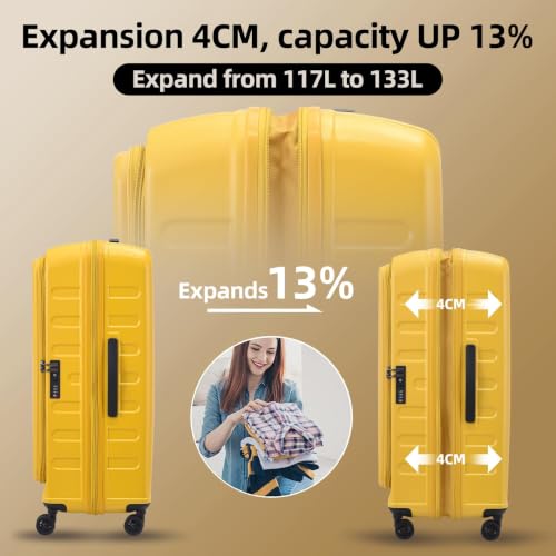 Image of Kaleenie 2 Pieces 20 /29 Luggage Sets, 20 Inch Cabin Luggage with Front Pocket & 29 Inch Side Opening Suitcase, Ligthweight ABS+PC Hardshell, TSA Lock with HINOMOTO 360 Wheels, Yellow