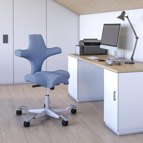 Image of HAG Capisco Standard Chair-Silver Frame-Upholstered Light Blue Washed