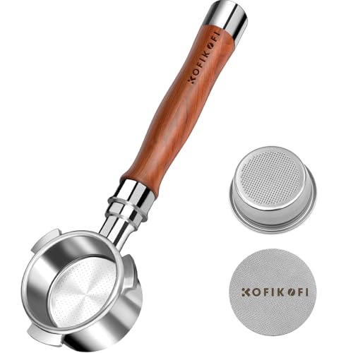 KOFIKOFI Portafiltro sin fondo de 51 mm, mango de nogal, portafiltro sin fondo con pantalla de disco, cesta de filtro, para máquinas DeLonghi Dedica EC680/EC685 y Smeg, EUPA Espresso