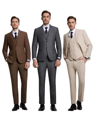 Mens Retro 3 Pieces Suits Tweed Herringbone Slim Fit Classic Winter Tuxedo Jacket Vest Men Suit for Wedding Prom4