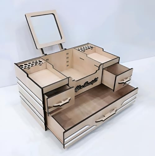 Image of Wooden Makeup Organizer Box with Drawers & Mirror | Vanity Station | Large Capacity Cosmetic Storage Case for Makeup, 38.2x20x19 cm, White