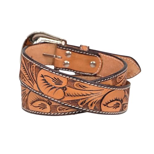 RESISTANCE Premium Western Cowgirl Cowboy Floral Tooled Argentinian Leather Belt With Floral Embossed Silver Buckle3