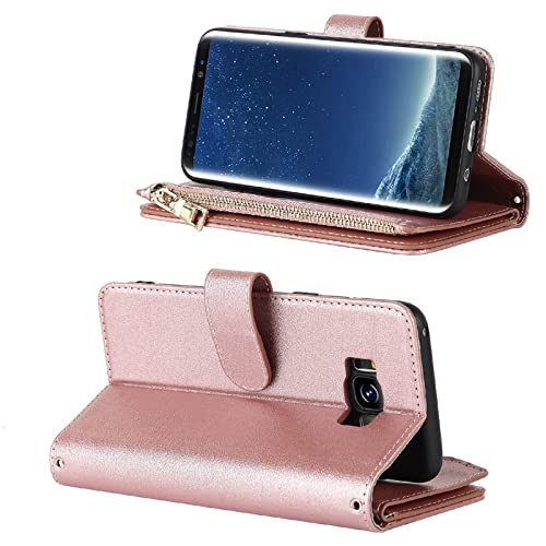 Jaorty Samsung Galaxy S8 Wallet Case,[9 Card Slots] Removable Adjustable Crossbody Necklace Lanyard Shoulder Strap Zipper Magnetic Leather Case For Samsung Galaxy S8,5.8 Inch Rosegold #TOP2