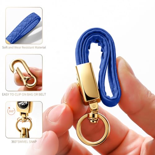 Image of Gkeygo Carabiner Keychain, Universal Heavy Duty Woven Handmade Leather Key Chain, Car Fob Key Keychains with 360 Degree Rotatable Snap Swivel and Anti-Lost D-Ring for Men and Women,Light Gold - Blue