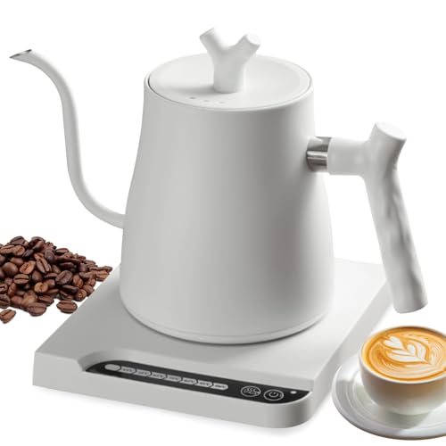 Yakiter Goose Neck Electric Kettle Stainless Steel Kettle 304 Automatic Temperature Control and Constant Temperature Fast Heat 1000 Watts For Specialty Coffee & Tea 1 LiterWhite