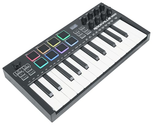 Rockville M25 BLACK 25 Key USB Wireless MIDI Keyboard Controller, Bluetooth, 8 Pads and Knobs, Joystick, Arpeggiator, Compact, for Music Production