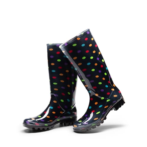 DREAM PAIRS Wasserdicht Regenstiefel Damen Bequem Regenschuhe Gummistiefel Wasserdicht Hohe Gartenschuhe,Size 38,Multispot,SDRB2407W-E
