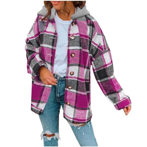 Veste shacket à carreaux pour femmes avec manteau long à capuche en polaire