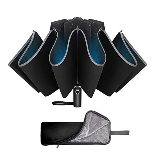 折りたたみ傘 ワンタッチ自動開閉 逆さ傘 Teflon加工 頑丈な10本骨 台風対応 耐風撥水 反射テープ おりたたみ傘 メンズ 梅雨対策 晴雨兼用 （ブラック）