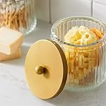 KMwares Matte Gold Set of 2 Glass Qtip Holder Dispenser Set for Cotton Ball, Swab, Round Pads, Floss Picks - Bathroom Canister Storage Organization and Vanity Makeup Organizer - Image 5