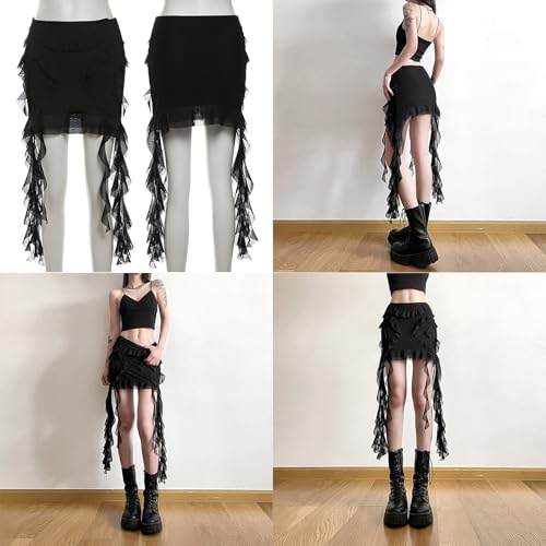 Womens High Waist Mesh Ruffle Trim Bodycon Short Skirt Aesthetic Asymmetrical Ribbon Fringed Package Hip Black Skirts2