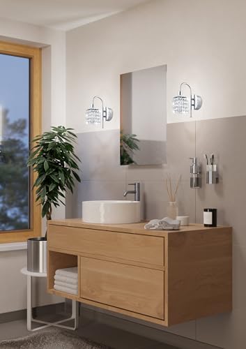 EGLO LED Wandlampe Almonte, Wandleuchte Bad, Badezimmer Lampe aus Metall in Chrom und Kristall in Klar, LED Feuchtraumleuchte warmweiß, G9, IP44