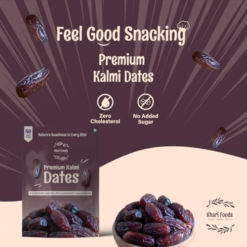 Image of Khari Foods Premium Kalmi Dates, High Fibre, Soft Dry Fruit Khajur /khajoor, Energy Health Snacks, No Added Sugar