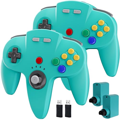 2 Pack N64 Wireless Controller for Switch Online Games, 2.4GHZ Wireless N64 Remote Joystick Game Controller for N64 System Console, MAC, Raspberry Pi, Windows PC(7,8,10,11) Turquoise