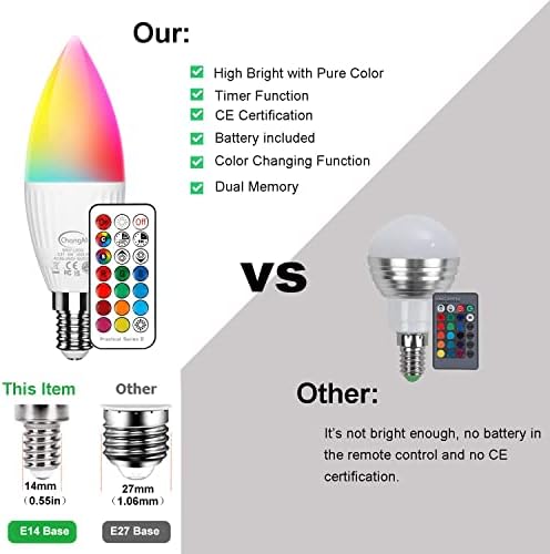 E14 Colour Changing Bulb 5W, RGBW Dimmable LED Candle Light Bulbs with Remote Control,50W Equivalent,Dual Function, 12 Colour Choices for Home Decoration Bar Party KTV Stage Mood Ambiance Lighting