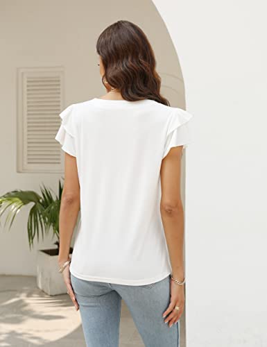 Asywish Womens White Blouses For Women Dressy Casual Blouses Short Ruffle Sleeve Shirts Business Casual V Neck Tops Small #TOP3