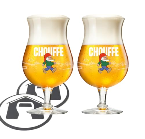 GarageBar Bicchiere da birra La Chouffe, bicchiere da birra oversize da 33 cl, prodotto ufficiale, bicchiere da birra belga, fornito con 2 tappetini antigoccia (2 bicchieri)