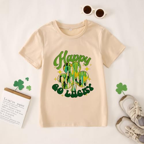 Image of MODNTOGA Kids Girls St Patricks Day Shamrock Graphic T-Shirt Happy Go Lucky Print Shirt Green Clover Short Sleeve Tee Tops (Beige, 8-9 Years)
