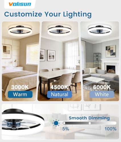 Image of VOLISUN Low Profile Ceiling Fans with Lights and Remote, 16in Fandelier Ceiling Fan Flush Mount, 3000K-6500K Smart Bladeless LED Fan Light, Black Modern Ceiling Fans with Lights for Bedroom