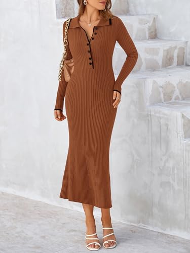 Image of MASCOMODA Women Fall Long Sleeve V Neck Sweater Dress Casual Lapel Button Up Slim Fit Ribbed Knit Long Maxi Dresses