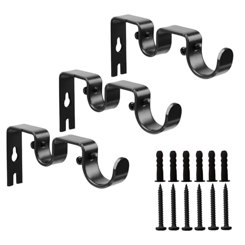 Shonmogar Double Curtain Rod Bracket 3 Pack Metal Curtain Rod Holders for Wall Sturdy Curtain Rod Brackets for 1 Inch Curtain Rod Black Wall Mounted Curtain Rod Hooks for Bedroom Living Room Patio